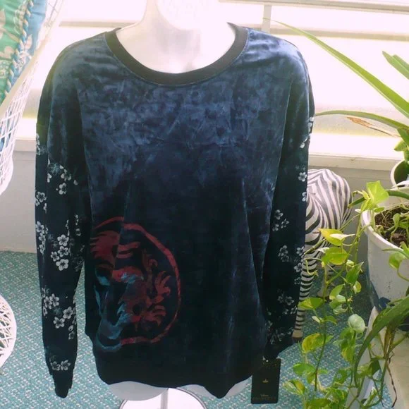 ❤️ NEW Disney Princess Sweatshirt Top Blue Floral Velour Size Large - Picture 11 of 11